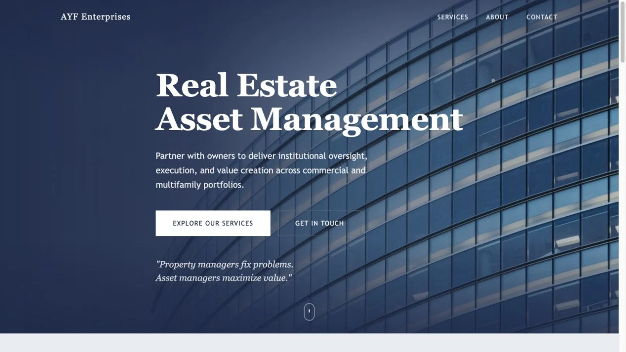 Desktop view of the AYF Enterprises website