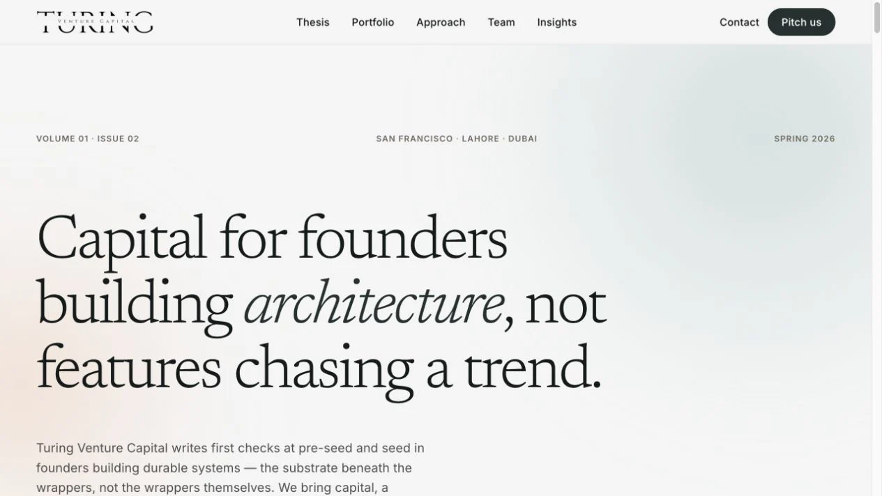 Desktop view of the Turing Venture Capital website