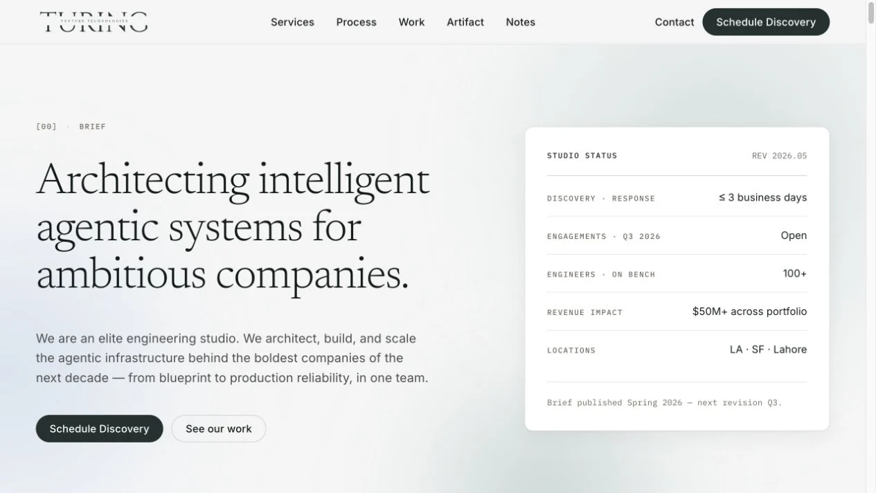 Desktop view of the Turing Venture Tech website