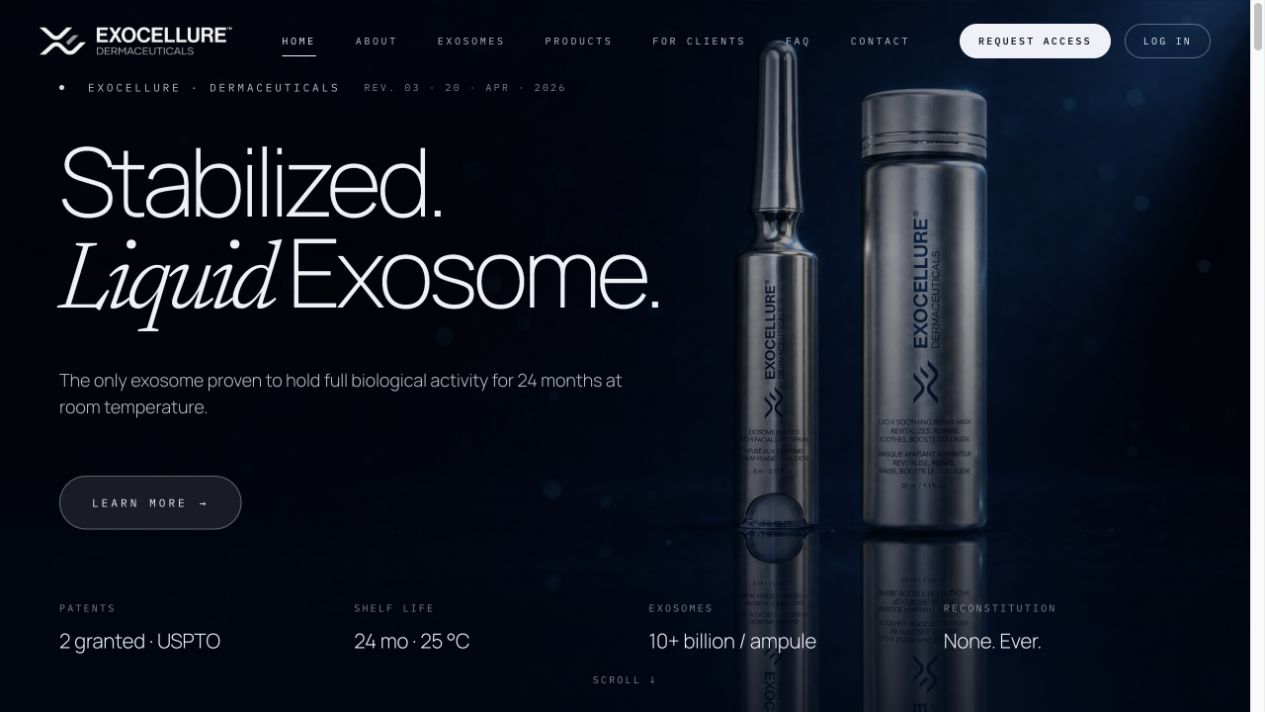 Desktop view of the Exocellure skincare website
